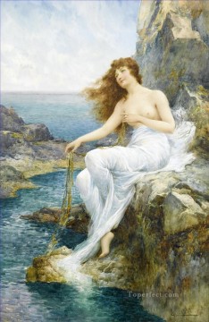 150の主題の芸術作品 Painting - 岩海岸で休む海の乙女 アルフレッド・グレンデング JR ヌード印象派